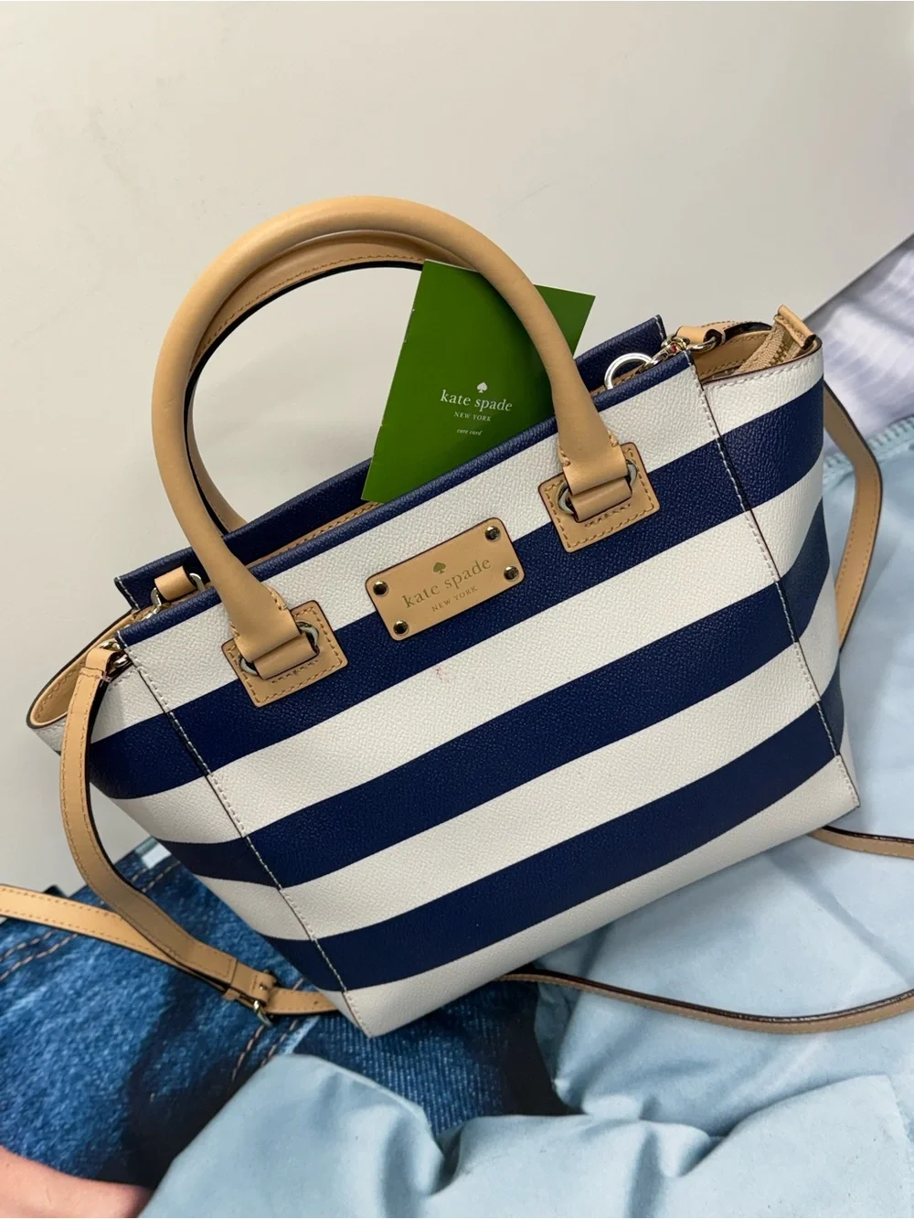 (new+card) Kate Spade Rare Leather Satchel Navy and White Striped Tan Trim